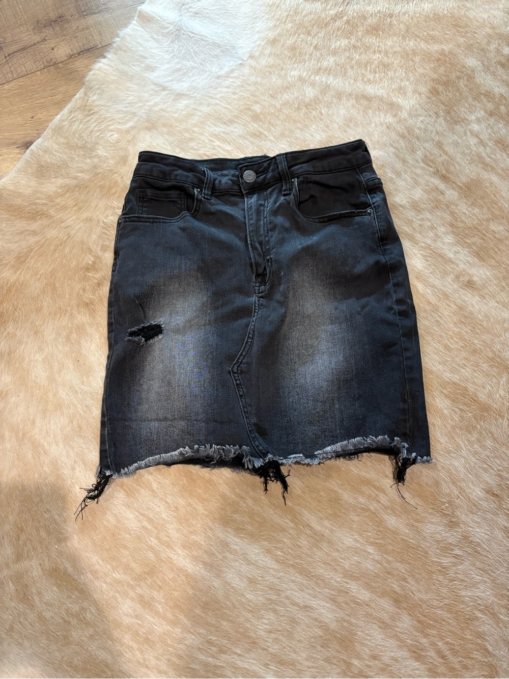 Black Distressed Denim Mini Skirt with Frayed Hem